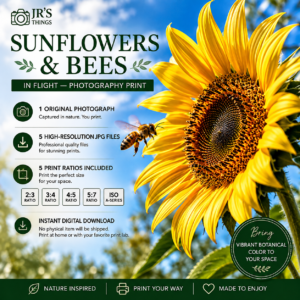 Sunflowers & Bees Photography Print – In Flight – Printable Wall Art