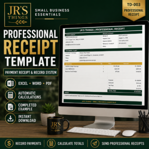 Professional Receipt Template – Editable Excel, Word & PDF – Small Business Receipt